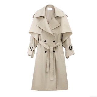 Women's Double Breasted Long Trench Coat With Belt Windproof Polyester Overcoat Classic Lapel Streetwear Outerwear For Women