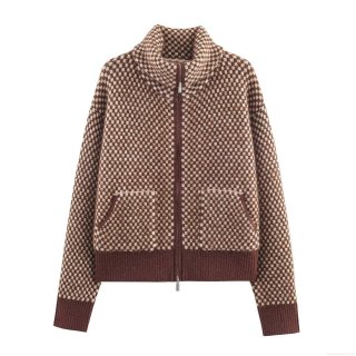 Women's Oversized Knit Bomber Jacket Acrylic Polyester Blend Full Zipper Stand Collar Checkerboard Plaid Pockets Casual Streetwear Autumn Winter Outerwear