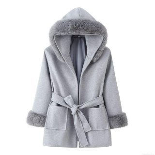 Women's Hooded Mid-length Woolen Coat With Faux Fur Collar Waist Belt Pockets Street Style Winter Warm Gray Polyester Overcoat For Women