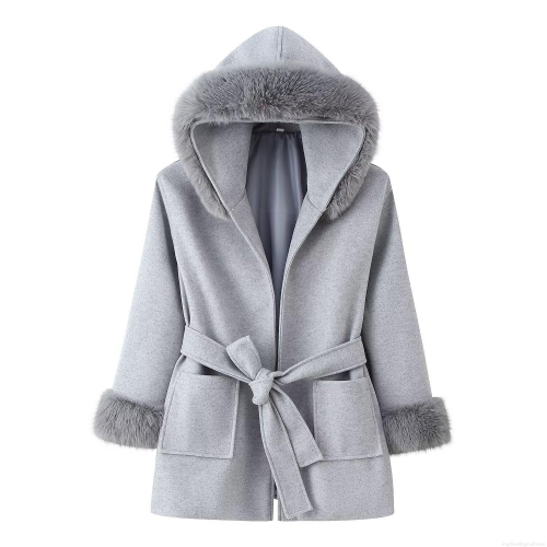 Women's Hooded Mid-length Woolen Coat With Faux Fur Collar Waist Belt Pockets Street Style Winter Warm Gray Polyester Overcoat For Women
