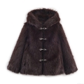 Women's Luxury Faux Fur Hooded Jacket Winter Warm Long Sleeve Plush Coat With Silver Metal Buckles Streetwear Outerwear For Lady Dark Brown