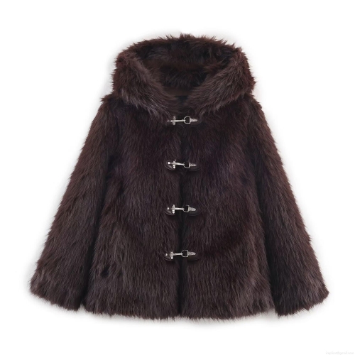 Women's Luxury Faux Fur Hooded Jacket Winter Warm Long Sleeve Plush Coat With Silver Metal Buckles Streetwear Outerwear For Lady Dark Brown