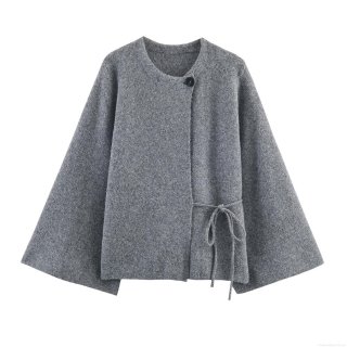 Women's Grey Woolen Texture Cape Coat Round Neck Single Button Side Tie Design Loose Long Sleeve Jacket Autumn Winter Minimalist Western Style Outerwear
