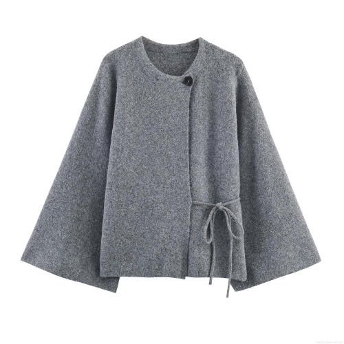 Women's Grey Woolen Texture Cape Coat Round Neck Single Button Side Tie Design Loose Long Sleeve Jacket Autumn Winter Minimalist Western Style Outerwear