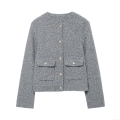 Women Elegant Grey Boucle Tweed Jacket Round Neck Gold Button Decoration Long Sleeve Short Coat For Autumn Winter Streetwear Ladies Office Outwear