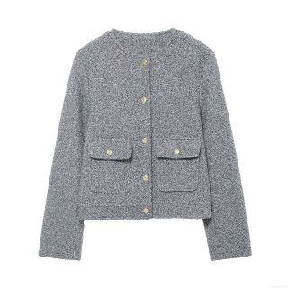 Women Elegant Grey Boucle Tweed Jacket Round Neck Gold Button Decoration Long Sleeve Short Coat For Autumn Winter Streetwear Ladies Office Outwear