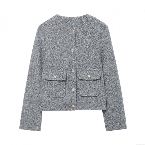 Women Elegant Grey Boucle Tweed Jacket Round Neck Gold Button Decoration Long Sleeve Short Coat For Autumn Winter Streetwear Ladies Office Outwear