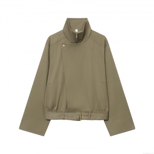 Women's Trench Coat Cotton Stand Collar Long Sleeve Jacket With Waist Belt Autumn Winter Streetwear Casual Outerwear For Ladies