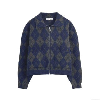 Women's Argyle Knit Jacket Zipper Up Cardigan Lapel Collar Long Sleeve Contrast Color Patchwork Outwear For Autumn Winter Casual Streetwear