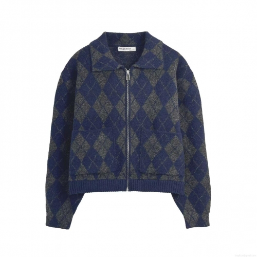 Women's Argyle Knit Jacket Zipper Up Cardigan Lapel Collar Long Sleeve Contrast Color Patchwork Outwear For Autumn Winter Casual Streetwear