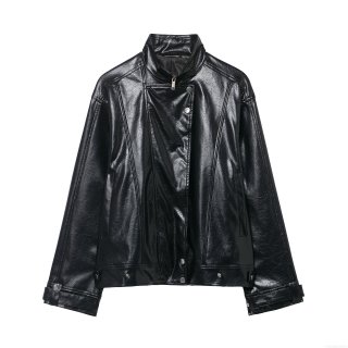 Women's Motorcycle PU Leather Jacket Slanted Zipper Loose Fit Solid Color Autumn Winter Biker Outerwear Coat With Pockets For Ladies Streetwear