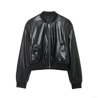 Women's PU Leather Bomber Jacket Round Neck Long Sleeve Faux Leather Outwear With Pockets And Ribbed Trim For Autumn Winter Streetwear Casual Fashion