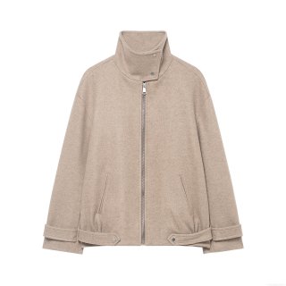 Women's Casual Khaki Woolen Like Stand Collar Zipper Jacket Long Sleeve Stitching Baseball Coat For Autumn Winter Streetwear Ladies Outerwear