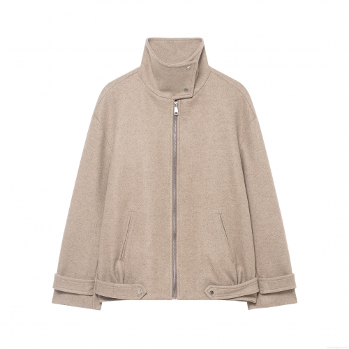 Women's Casual Khaki Woolen Like Stand Collar Zipper Jacket Long Sleeve Stitching Baseball Coat For Autumn Winter Streetwear Ladies Outerwear