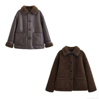 Women's Reversible Faux Leather And Fur Jacket Lapel Button Down Warm Shearling Coat For Autumn Winter Daily Streetwear Casual Outwear