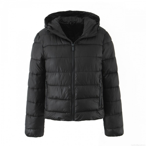 Women's Hooded Padded Puffer Jacket Polyester Lightweight Horizontal Quilted Winter Coat Solid Black Full Zip Windproof Outerwear With Pockets