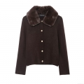 Women's Vintage Fall Winter Knit Jacket With Faux Fur Collar Gold Embossed Buttons Long Sleeve Solid Color Warm Loose Outerwear Coffee Cardigan
