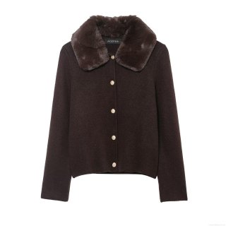 Women's Vintage Fall Winter Knit Jacket With Faux Fur Collar Gold Embossed Buttons Long Sleeve Solid Color Warm Loose Outerwear Coffee Cardigan