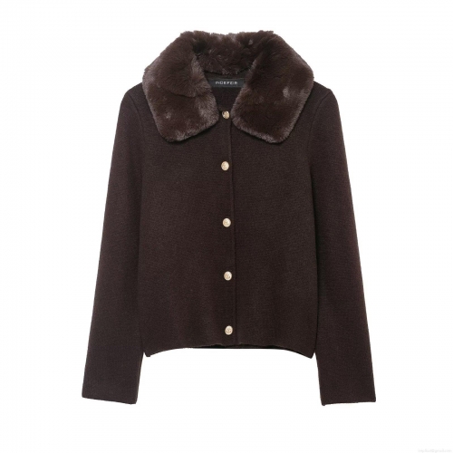 Women's Vintage Fall Winter Knit Jacket With Faux Fur Collar Gold Embossed Buttons Long Sleeve Solid Color Warm Loose Outerwear Coffee Cardigan