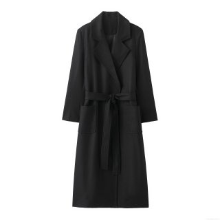 Women's Long Polyester Overcoat With Belt Notched Lapel Casual Loose Jacket Streetwear Solid Black Outerwear For Autumn Winter