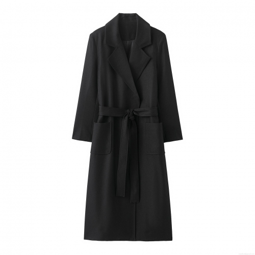 Women's Long Polyester Overcoat With Belt Notched Lapel Casual Loose Jacket Streetwear Solid Black Outerwear For Autumn Winter