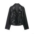 Women's Faux Leather Moto Biker Jacket Cool Black PU Coat With Zipper Decoration Turn-down Collar Long Sleeve Casual Outwear For Ladies