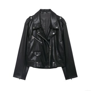 Women's Faux Leather Moto Biker Jacket Cool Black PU Coat With Zipper Decoration Turn-down Collar Long Sleeve Casual Outwear For Ladies