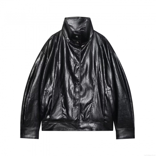 Women's Casual PU Leather Jacket Stand Collar Long Sleeve Single Breasted Loose Outwear Fashion Streetwear Coat Black Polyester With Snap Buttons