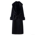 Women's Long Woolen Coat With Faux Fur Collar And Cuffs Double Breasted Winter Warm Trench Coat With Belt European Streetwear Style