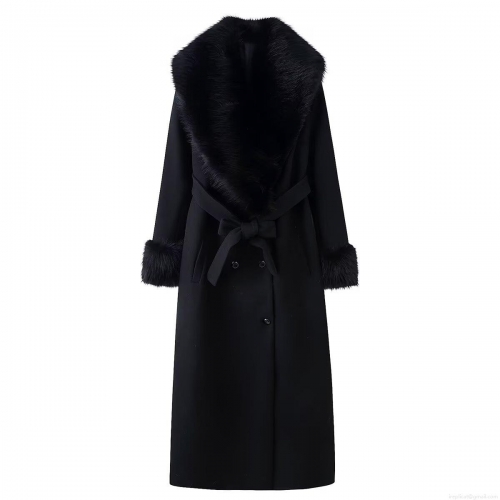 Women's Long Woolen Coat With Faux Fur Collar And Cuffs Double Breasted Winter Warm Trench Coat With Belt European Streetwear Style