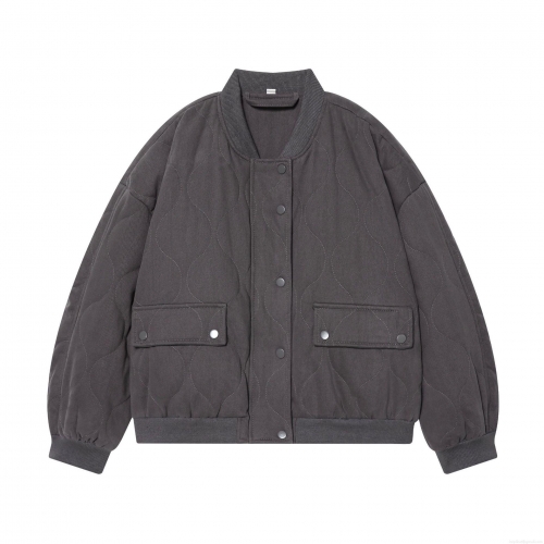 Women's Loose Quilted Puffer Jacket Polyester Wave Pattern Padded Baseball Jacket Double Pockets Winter Warm Outerwear Streetwear Casual Coat