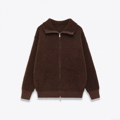 Women's Double Zipper Fleece Jacket Stand Collar Solid Color Long Sleeve Loose Sherpa Coat Streetwear Outerwear For Autumn Winter