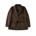 Women's Faux Suede Mid-Length Jacket With Waist Tie Belt Lapel Single Breasted Long Sleeve Coat For Autumn Winter Casual Streetwear