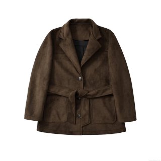 Women's Faux Suede Mid-Length Jacket With Waist Tie Belt Lapel Single Breasted Long Sleeve Coat For Autumn Winter Casual Streetwear