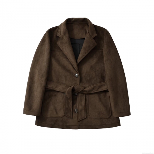 Women's Faux Suede Mid-Length Jacket With Waist Tie Belt Lapel Single Breasted Long Sleeve Coat For Autumn Winter Casual Streetwear