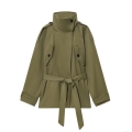 Women's Military Style Mid-Length Trench Coat With Belt Stand Collar Windbreaker Utility Cargo Jacket Cotton Blend Outerwear For Autumn Streetwear