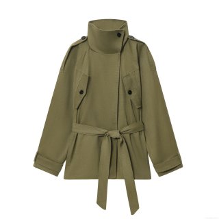 Women's Military Style Mid-Length Trench Coat With Belt Stand Collar Windbreaker Utility Cargo Jacket Cotton Blend Outerwear For Autumn Streetwear