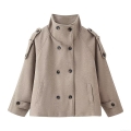 Women's Double Breasted Woolen Coat Stand Collar Long Sleeve Khaki Jacket Autumn Winter Outerwear European Street Style Pocket Epaulette Short Pea Coat For Women