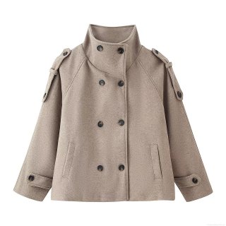 Women's Double Breasted Woolen Coat Stand Collar Long Sleeve Khaki Jacket Autumn Winter Outerwear European Street Style Pocket Epaulette Short Pea Coat For Women