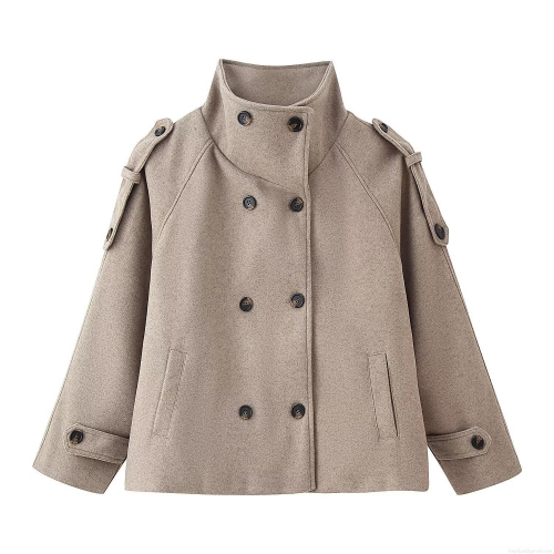 Women's Double Breasted Woolen Coat Stand Collar Long Sleeve Khaki Jacket Autumn Winter Outerwear European Street Style Pocket Epaulette Short Pea Coat For Women