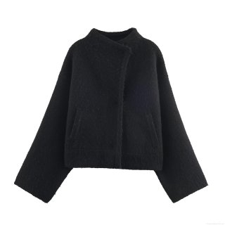 Women's Solid Stand Collar Long Sleeve Single Breasted Knit Jacket Autumn Winter Casual Wool-Like Outerwear Coat Fashion Streetwear