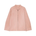 Women's Loose Stand Collar Pink Suede Jacket Fashion Street Style Long Sleeve Zipper Outerwear For Autumn Winter Ladies Casual Solid Coat