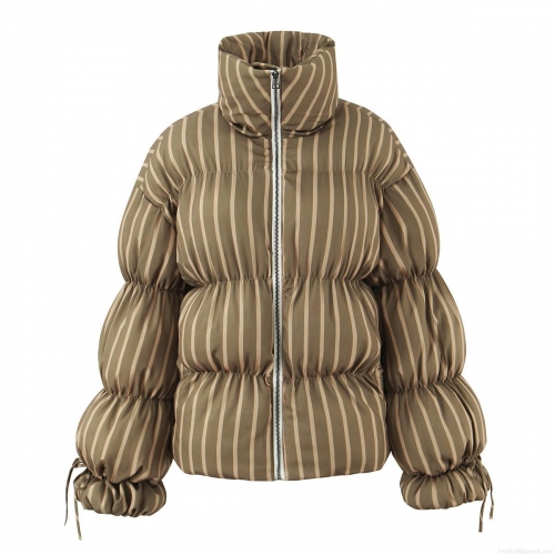Women's Winter Striped Polyester Padded Puffer Jacket With Stand Collar Long Sleeve Quilted Warm Casual Streetwear Coat Outwear For Women