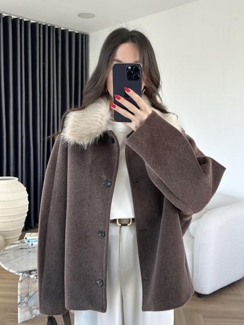Women's Mid-Length Woolen Coat With Detachable Faux Fur Collar Solid Color Single Breasted Loose Fit Overcoat For Autumn Winter Streetwear Casual Outerwear