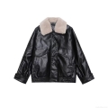 Women's Oversized PU Leather Bomber Jacket With Detachable Faux Fur Collar Winter Warm Fleece Lined Zip Up Short Coat Streetwear Black