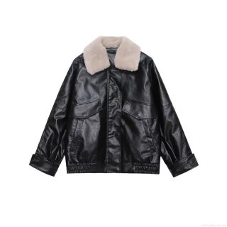Women's Oversized PU Leather Bomber Jacket With Detachable Faux Fur Collar Winter Warm Fleece Lined Zip Up Short Coat Streetwear Black