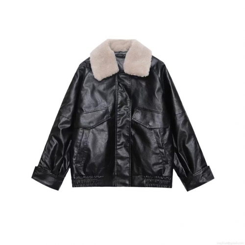 Women's Oversized PU Leather Bomber Jacket With Detachable Faux Fur Collar Winter Warm Fleece Lined Zip Up Short Coat Streetwear Black