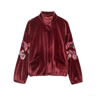 Women's Retro Velvet Flower Embroidery Baseball Jacket Stand Collar Zip Up Loose Bomber Coat Streetwear Spring Autumn Outerwear