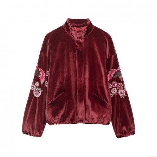 Women's Retro Velvet Flower Embroidery Baseball Jacket Stand Collar Zip Up Loose Bomber Coat Streetwear Spring Autumn Outerwear