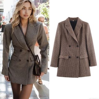 Women's Double Breasted Mid-Length Houndstooth Blazer Jacket Vintage Lapel Long Sleeve Polyester Woolen Plaid Outerwear Streetwear Office Lady Suit